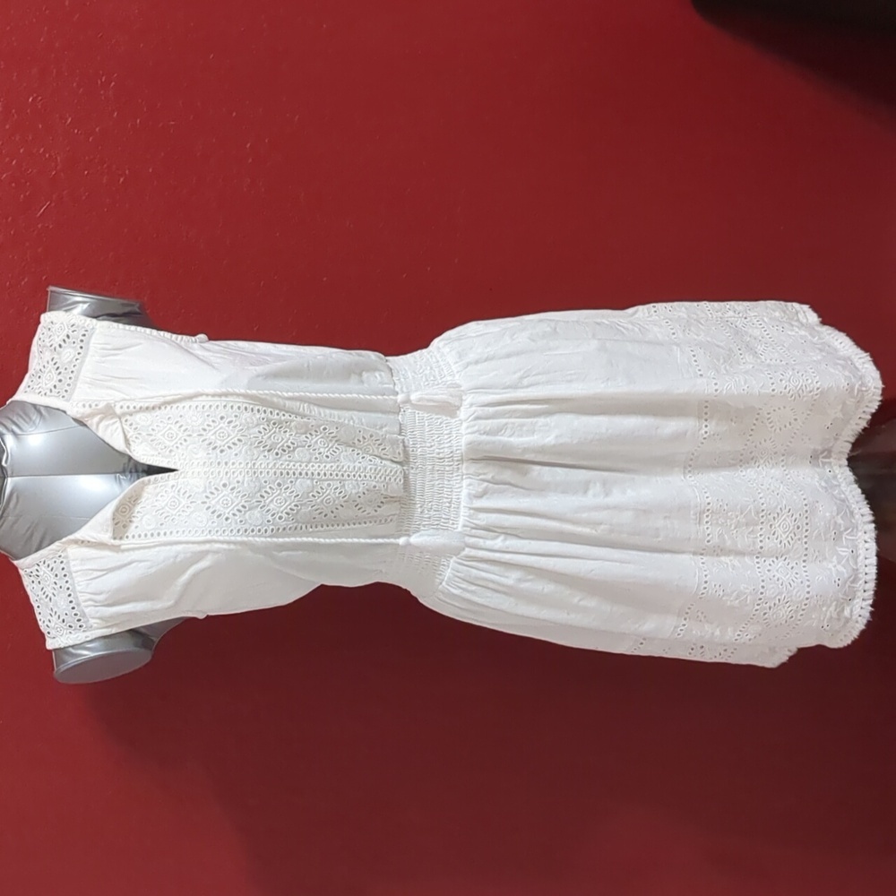 CABANA LIFE White Schiffli/Eyelet Smocked Waist - Tassels Mini Dress Sleeveless